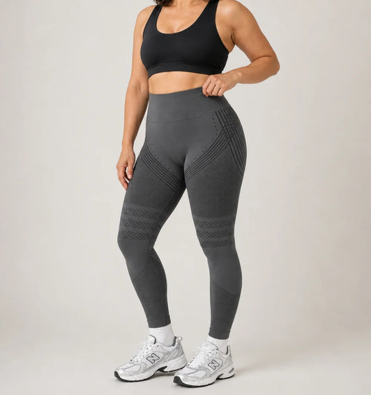3D Leggings in Dark Gray, three-quarter view of the seamless knit with raised 3D panels